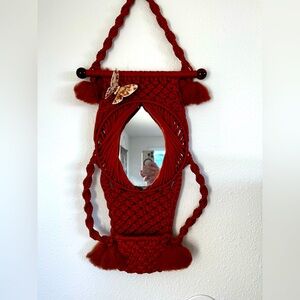 Vintage Orange Macrame Mirror with Butterfly